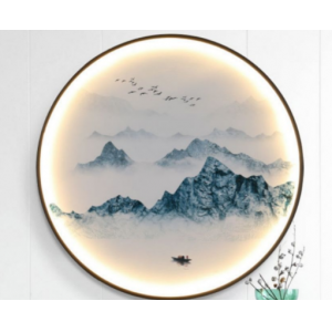 带灯装饰画新中式圆形挂画圆形壁画餐厅入户玄关发光轻奢晶瓷镶钻