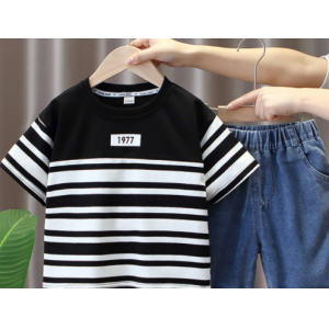 童装套装2024新款条纹1977短袖上衣牛仔短裤时尚潮范男童套装批发